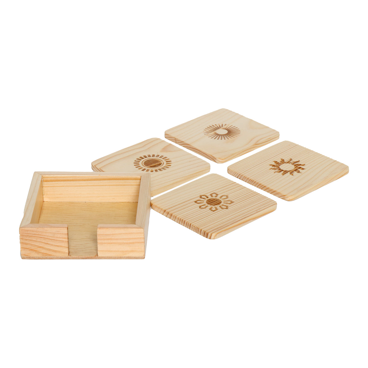 Wood Coaster Sun Motif Carving Set Of 4 With Stand | Tea & Table Coaster