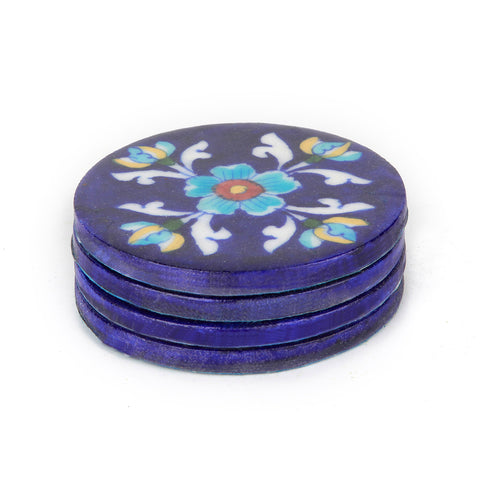 Blue Pottery Hand Painted Floral Motif Coaster Set Of 4 | Tea & Table Coaster