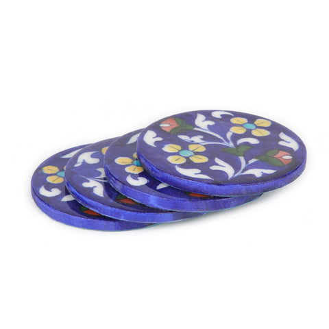 Blue Pottery Hand Painted Floral Motif Coaster Set Of 4 | Tea & Table Coaster