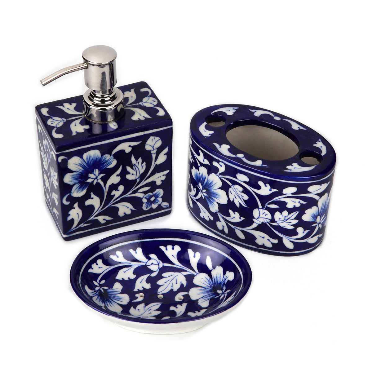 Blue Pottery Hand Painted Floral Motif Bathroom Set | Bathroom Set