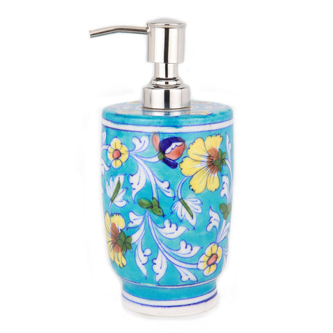 Blue Pottery Hand Painted Floral Motif Soap Dispenser | Bathroom Set