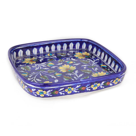 Blue Pottery Hand Painted Floral Motif Square Tray | Valet Tray