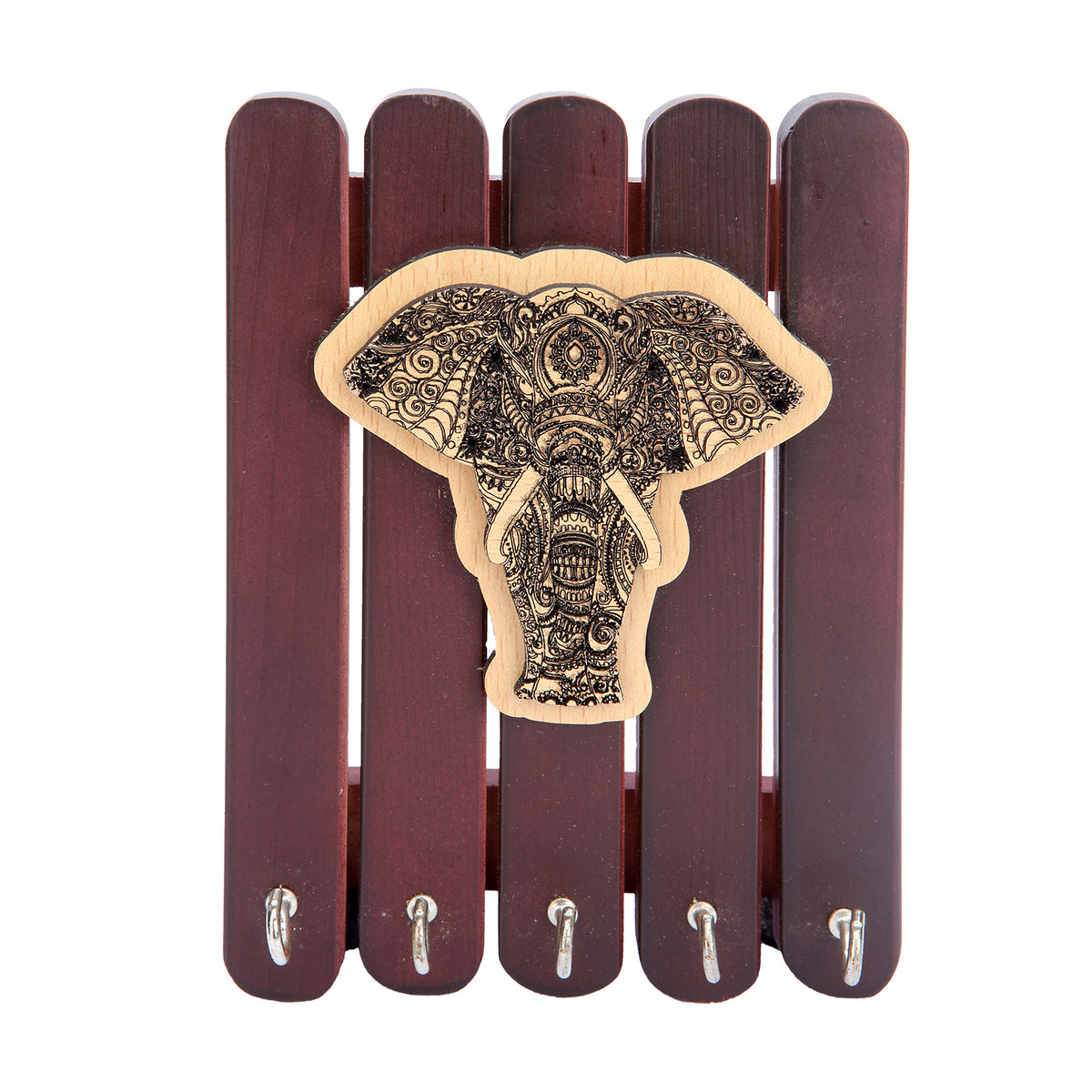 Wood Key Holder With Carved Elephant Motif
