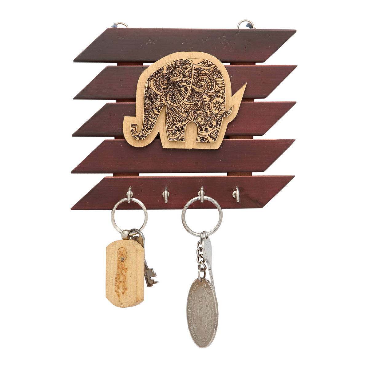 Wood Key Holder With Carved Baby Elephant Motif