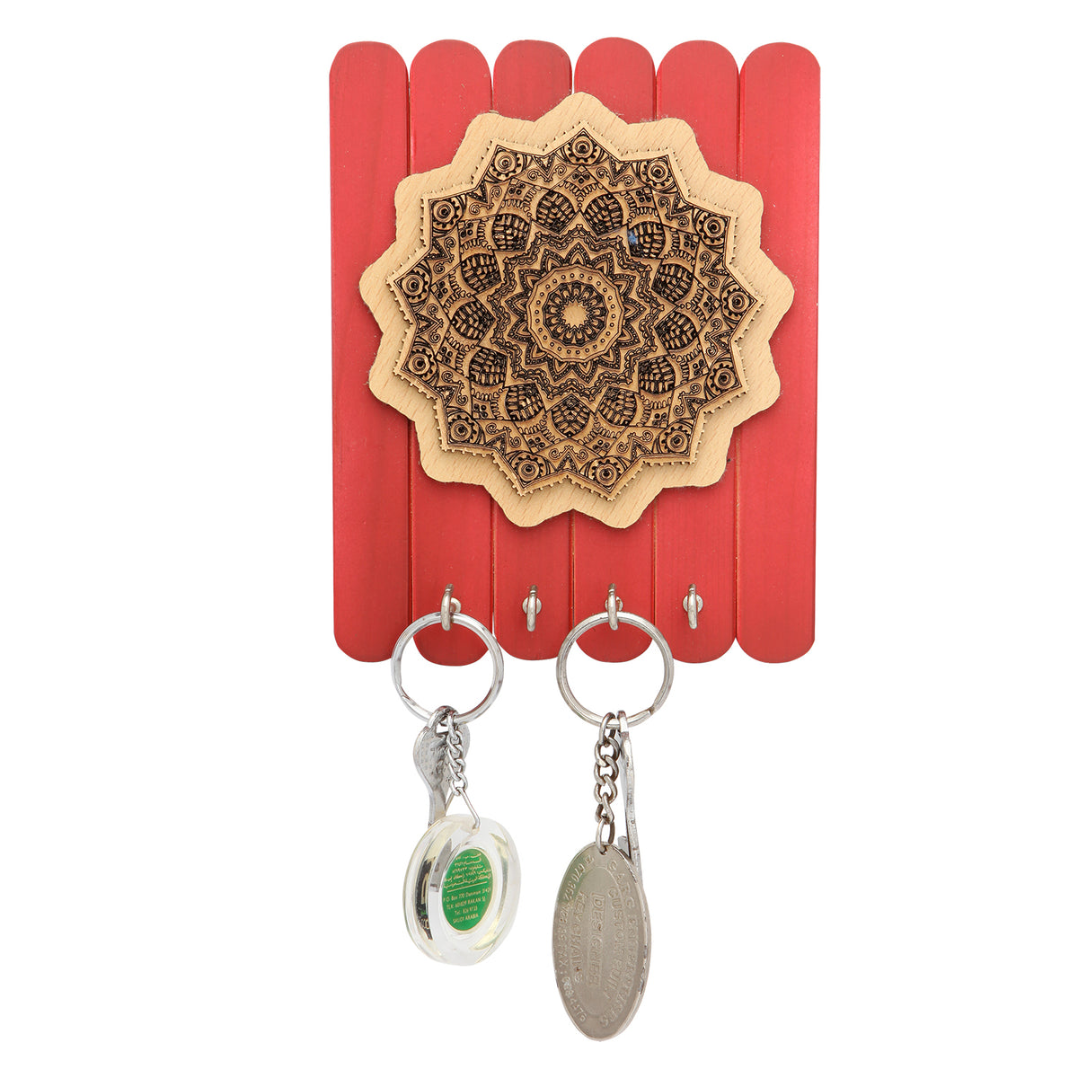 Wood Key Holder With Carved Mandala Motif