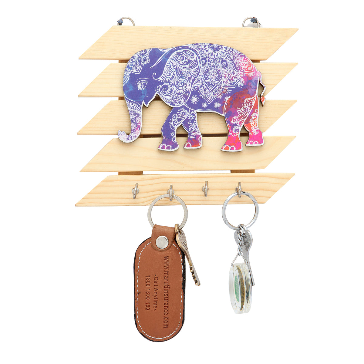 Wood Key Holder With Colourful Elephant Motif Print