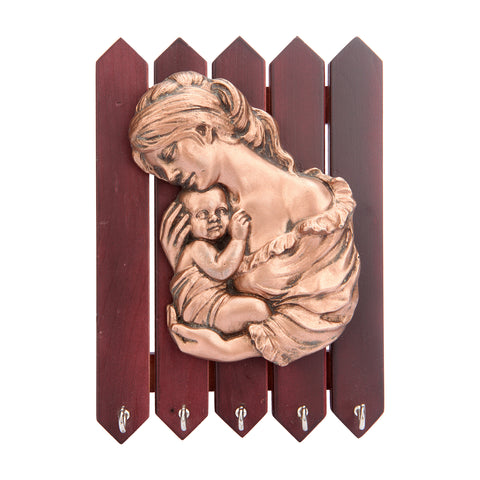 Wood Key Holder With Resin Mother & Child Sculpture