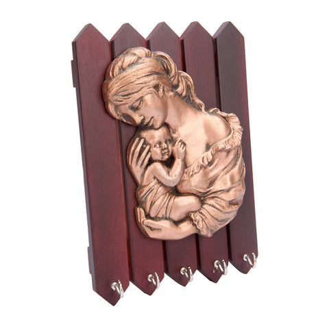 Wood Key Holder With Resin Mother & Child Sculpture