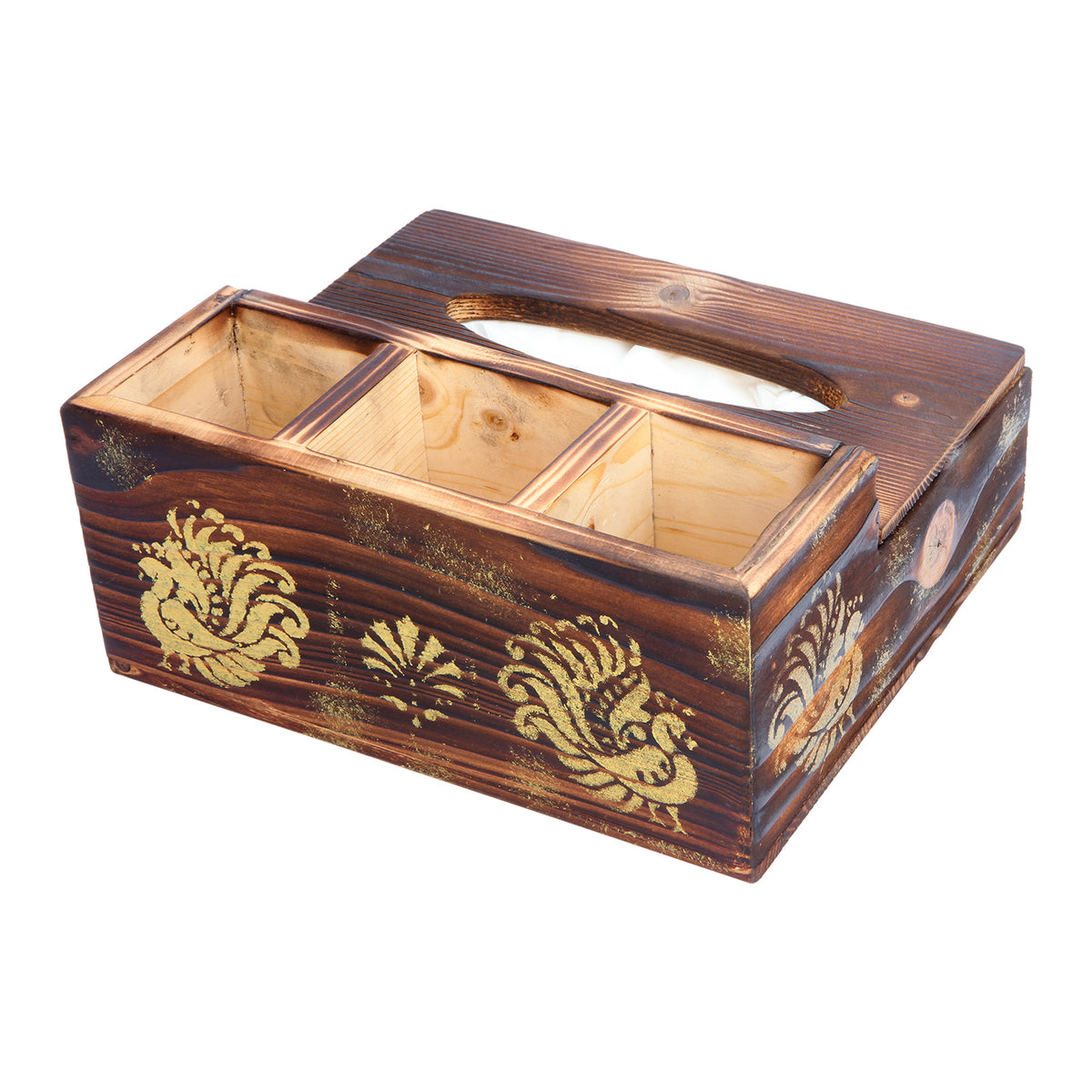 Rustic Wood Textured Multipurpose Tissue Holder With Gold Motif | Home / Office Organisers