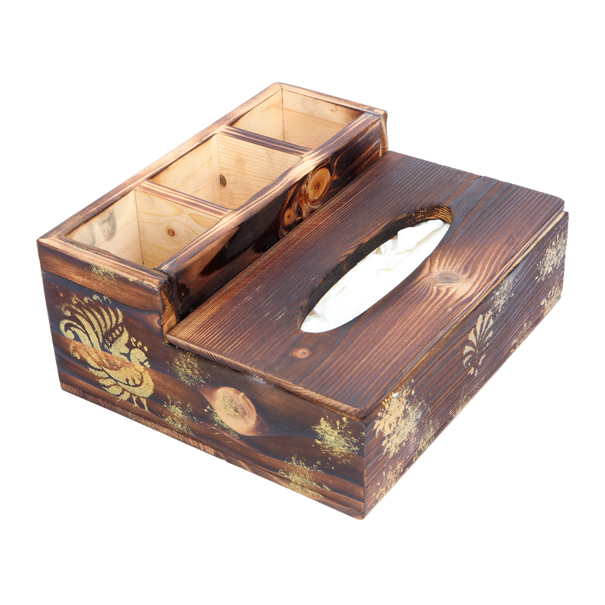 Rustic Wood Textured Multipurpose Tissue Holder With Gold Motif | Home / Office Organisers