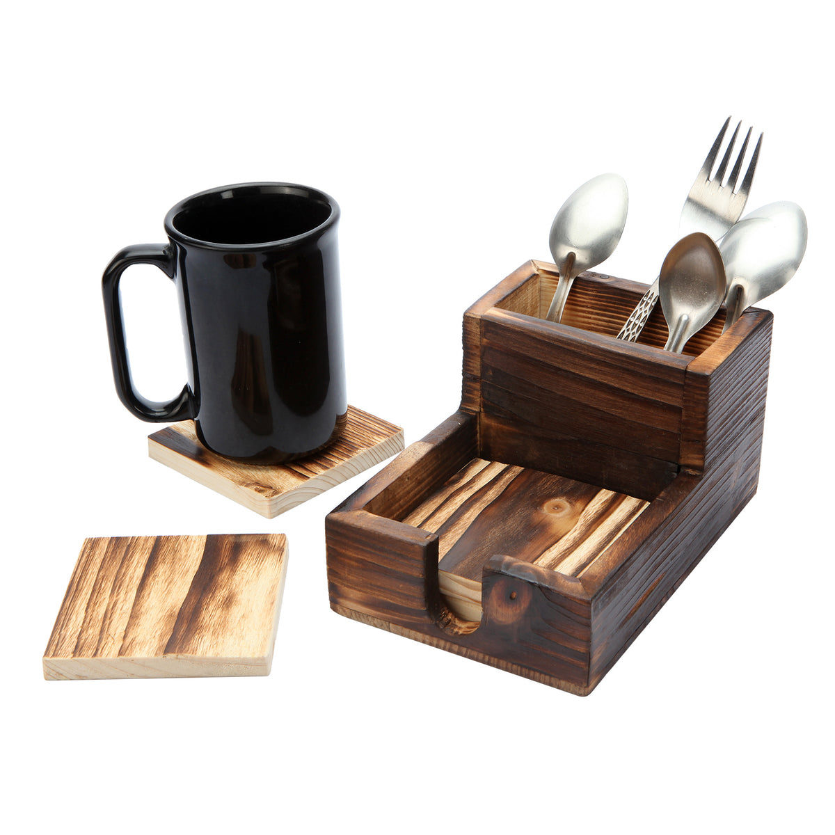 Rustic Wood Textured Cutlery Holder And Set Of 4 Coaster With Gold Motif | Home / Office Organisers
